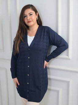 Kazayağı Desen Büyük Beden Uzun Lacivert Hırka