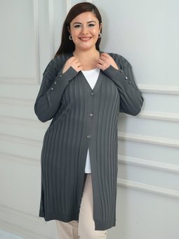 Kol Düğme Detaylı Kalın Fitilli Büyük Beden Uzun Gri Hırka