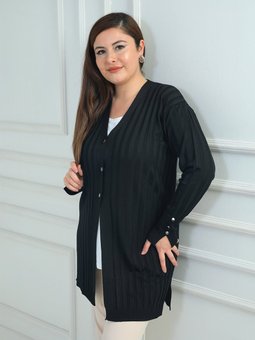 Kol Düğme Detaylı Kalın Fitilli Büyük Beden Uzun Siyah Hırka