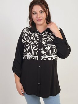 Kol Katlamalı Fırça Desenli Cep Kapaklı Büyük Beden Siyah Gömlek