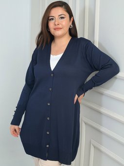 Kolları Düğme Detaylı Büyük Beden Uzun Lacivert Hırka