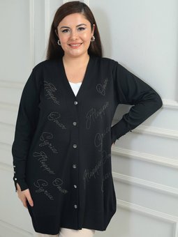 Kolları Düğme Detaylı Taş Baskı Yazılı Büyük Beden Uzun Siyah Hırka