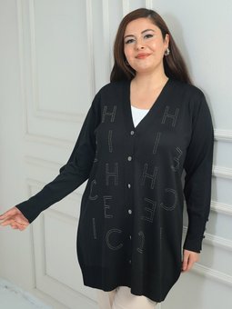 Kolları Düğme Detaylı Taş Harf Baskılı Soğuk İplik Büyük Beden Siyah Hırka
