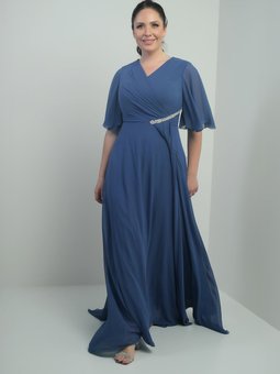 Kot Mavi V Yaka Beli Taşlı Drapeli Astarlı Büyük Beden Uzun Şifon Abiye Elbise