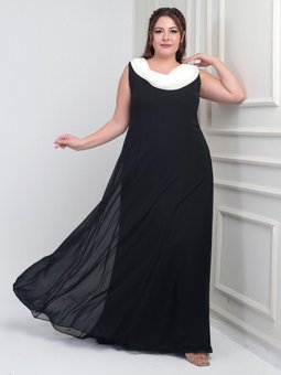 Krem Degaje Yaka Arkası Taş Detaylı Volanlı Astarlı Büyük Beden Uzun Şifon Abiye Elbise Siyah