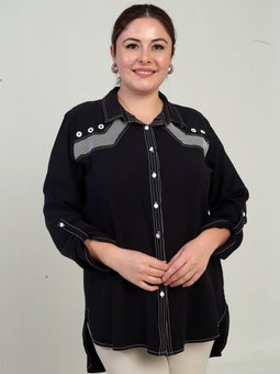 Kuş Gözlü Fileli Kol Katlamalı Büyük Beden Uzun Ns Tasarım Gömlek Siyah