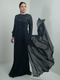 Lacivert Üstü Pul Boncuk İşlemeli Astarlı Beli Çiçekli Büyük Beden Uzun Şifon Abiye Elbise