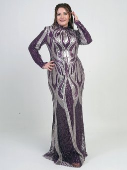 Mürdüm Dik Yaka Pul İşlemeli Astarlı Büyük Beden Abiye Elbise