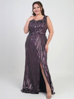 Mürdüm Kare Yaka Astarlı Pulpayet Büyük Beden Abiye Elbise