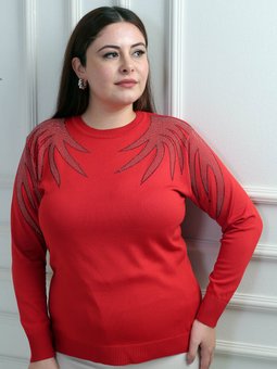 Omuzları Taş Baskılı Büyük Beden Triko Ns Tasarım Bluz Mercan