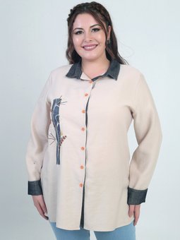Önü Nakış İşlemeli Kot Aplikeli Büyük Beden Lyocell Bej Gömlek
