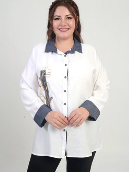 Önü Nakış İşlemeli Kot Aplikeli Büyük Beden Lyocell Ekru Gömlek