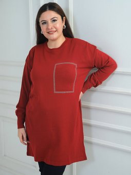 Önü Tek Cepli Taş Baskı Detaylı Büyük Beden Triko Kırmızı Tunik Bluz