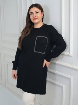 Önü Tek Cepli Taş Baskı Detaylı Büyük Beden Triko Siyah Tunik Bluz