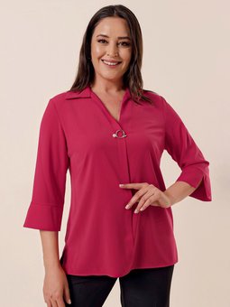 Polo Yaka Broşlu Çeyrek Kol Büyük Beden Kırmızı Bluz