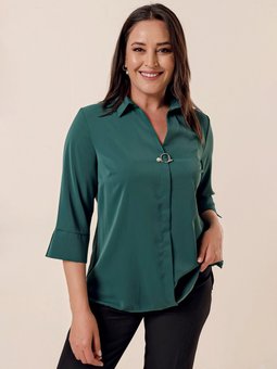 Polo Yaka Broşlu Çeyrek Kol Büyük Beden Koyu Yeşil Bluz