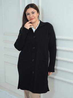 Saç Örgülü Cepli Büyük Beden Vatkalı Triko Siyah Hırka