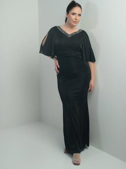 Siyah Ön Arka Taşlı V Yaka Astarlı Dekolteli Yarasa Kollu Uzun Simli Büyük Beden Abiye Elbise