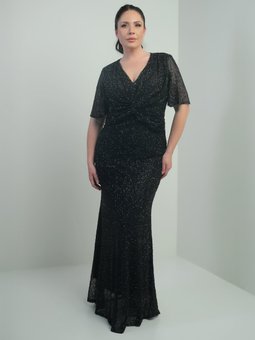 Siyah V Yaka Astarlı Önü Düğüm Detaylı Boru Boncuk İşlemeli Büyük Beden Abiye Elbise