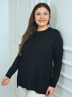 Tek Taraf Saç Örgülü Büyük Beden Tunik Siyah Bluz