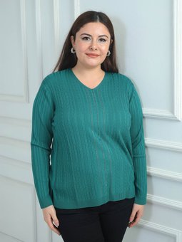 V Yaka Önü Şerit Taş Baskılı Fitilli Büyük Beden Soğuk İplik Triko Yesil Bluz