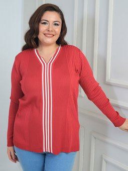 V Yaka Önü Şeritli Fitilli Soğuk İplik Büyük Beden Triko Fuşya Bluz