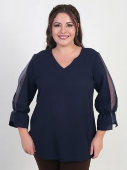 V Yaka Yarı Organze Krep B.b. Lacivert Bluz