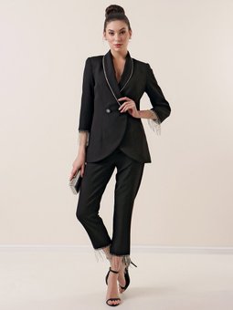 Yaka Ve Kol Uçları Taş Zincir Detaylı Astarlı Ceket Cepli Pantolon 2'li Siyah Abiye Takım