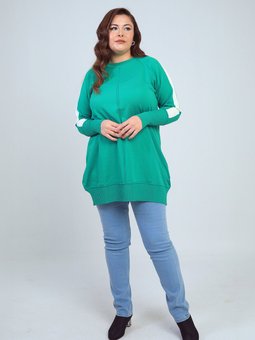 Yesil Kolları Şeritli Büyük Beden Tunik Bluz