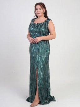 Zümrüt Yeşili Kare Yaka Astarlı Pulpayet Büyük Beden Abiye Elbise