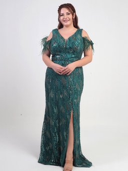 Zümrüt Yeşili Tüylü Düşük Kollu Pul İşlemeli Astarlı Büyük Beden Abiye Elbise