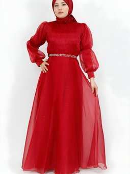 Bordo Dalya Kumaş Taşlı Kemerli Abiye Elbise