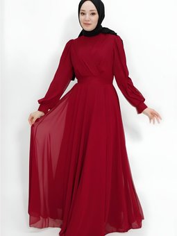 Bordo Kruvaze Yaka Şifon Kumaş Abiye Elbise