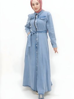 Buz Mavi Kot Düğmeli Cep Detaylı Elbise
