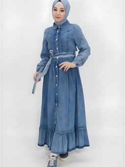 Buz Mavi Kot Kumaş Uzun Düğmeli Kemerli Elbise