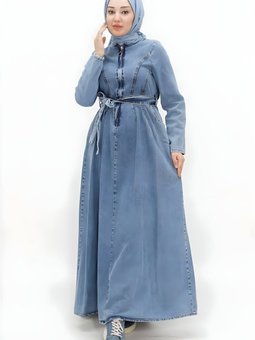 Buz Mavi Kot Yaka Fermuarlı Kemerli Elbise