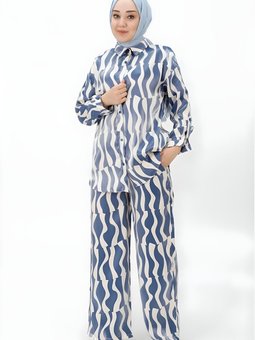 İndigo Desenli Pamuk Saten İkili Takım