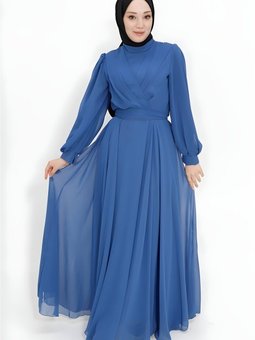 İndigo Şifon Kumaş Kruvaze Yaka Abiye Elbise