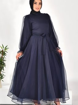 Lacivert Dalya Kumaş Kemerli Abiye Elbise