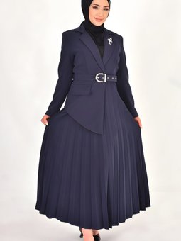 Lacivert Double Kumaş Pilise Detaylı Kruvaze Yaka Elbise