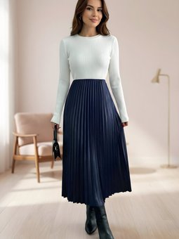 Lacivert Piliseli Deri Görünümlü Etek