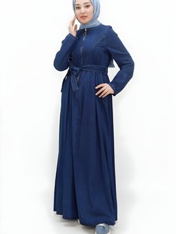 Mavi Kot Yaka Fermuarlı Kemerli Elbise