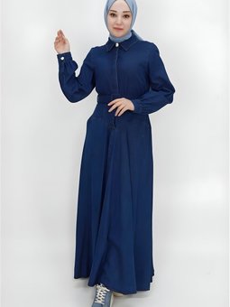 Mavi Uzun Kot Kumaş Kemerli Yaka Gömlek Elbise