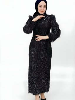 Siyah Balon Kol Simli Tül Abiye Elbise