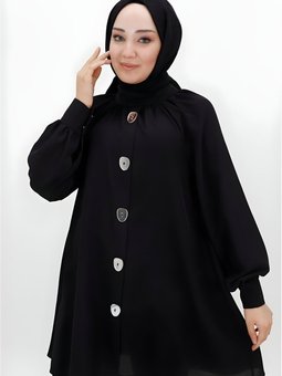 Siyah Jessica Kumaş Ayna Düğme Detaylı Tunik