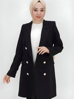 Siyah Kruvaze Yaka Sahte Cep Detaylı Blazer Ceket