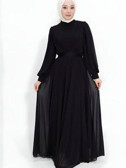 Siyah Kruvaze Yaka Şifon Kumaş Abiye Elbise