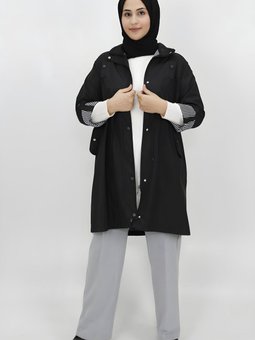 Siyah Orta Boy Bondit Kumaş Trençkot