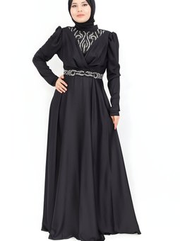 Siyah Taş Baskılı Kruvaze Görünümlü Saten Abiye Elbise