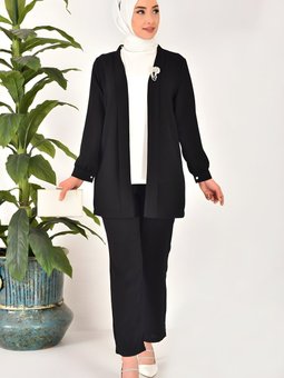 Siyah Üçlü Krep Kumaş Taş Detaylı Takım